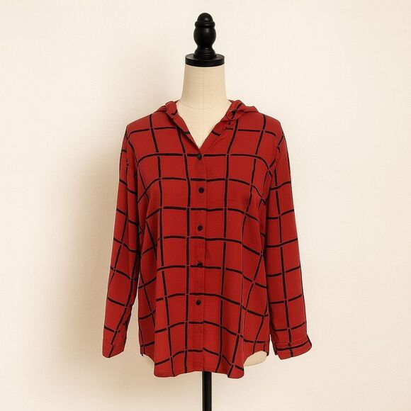 Vintage Gianna Red and Black Windowpane Check Blouse | Size M - Picture 1 of 3
